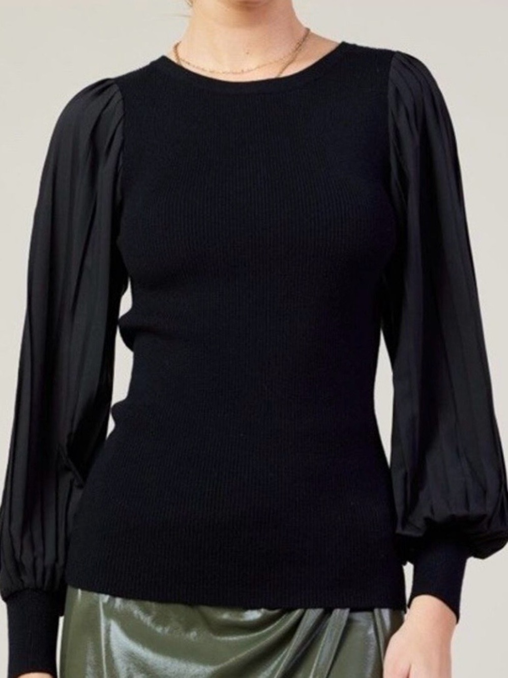 Fifteen Twenty Black Ribbed Bodice Top with Sheer Balloon Sleeves